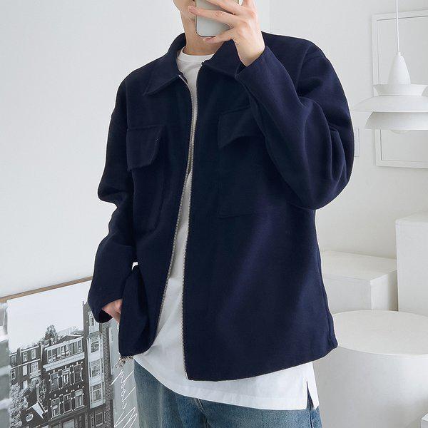 メンズソリッドポケットカラーネックジップアップジャンパー 5C-JUA-Q110-ネイビー