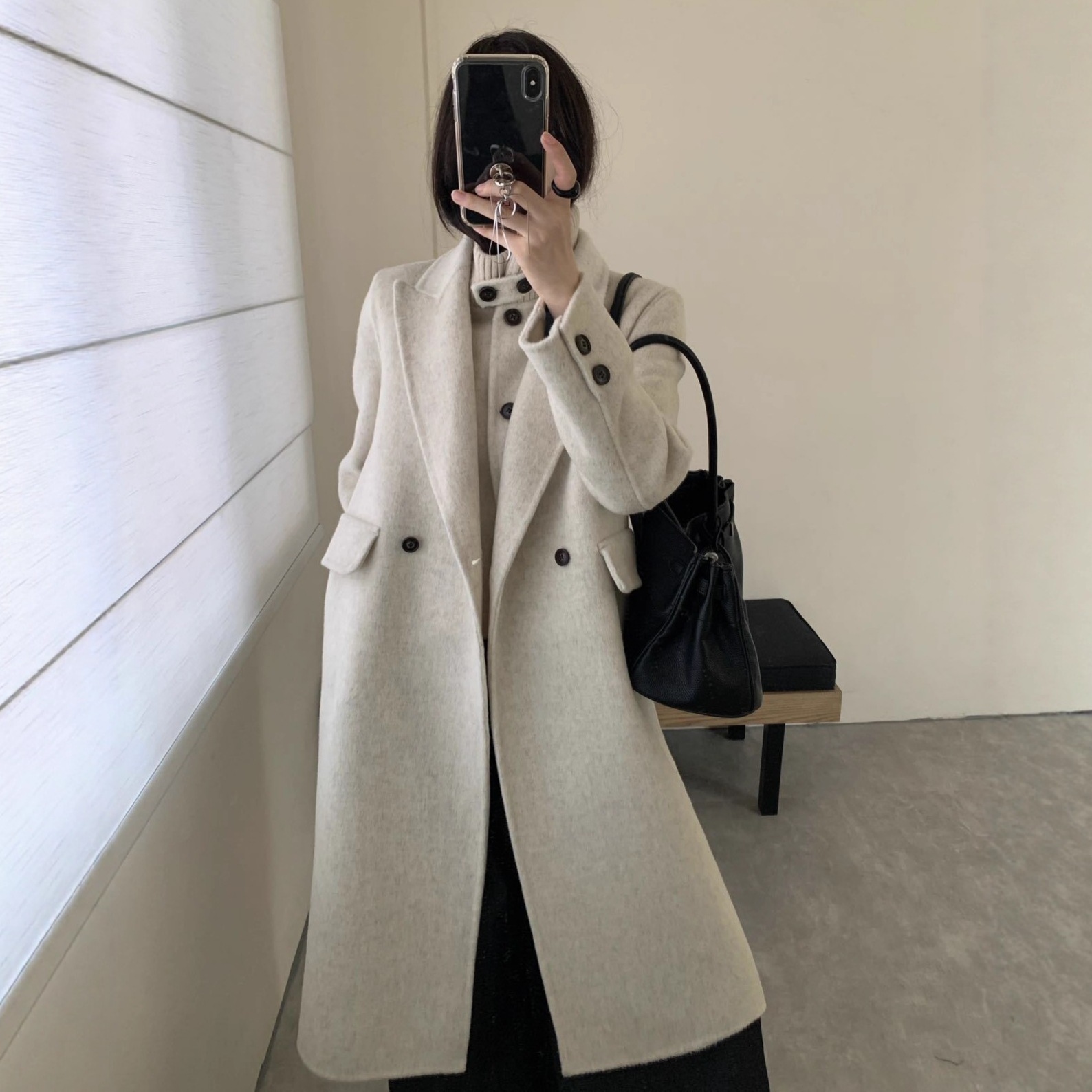 2025年秋冬 厚手両面ウールツーピースコート ロングニットスタンドカラースーツスタイル カシミヤウール