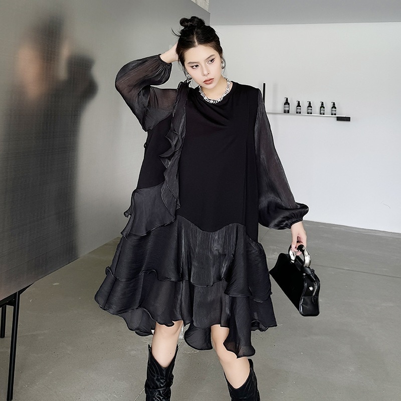 【J.Fashion】 フリルワンピース ドッキング おしゃれ 個性的なデザイン レディース ワンピース メガ割