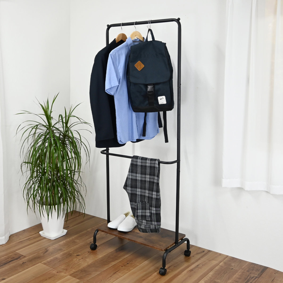 ハンガーラック キャスター付き2段 スチールフレーム 幅60cm コートハンガー 衣類収納 収納 2段 ラック ハンガー ハンガー掛け スチール製 キャスター ブラック 古材風 フック