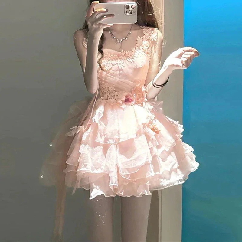 甘いロリータ 立体花 サロペットワンピース 夏