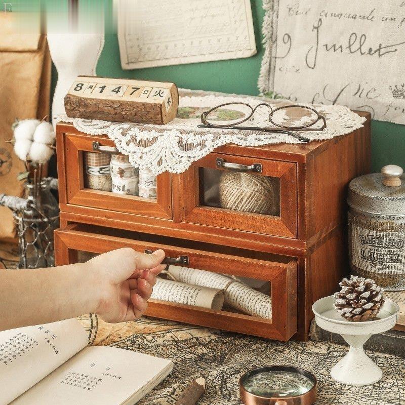 ミニチェスト 引き出し収納 木製 卓上 アンティークウッド アンティーク調 小物入れ 一段収納引き出し 重ね可 おしゃれ クラシック 卓上収納 机上 ガラス
