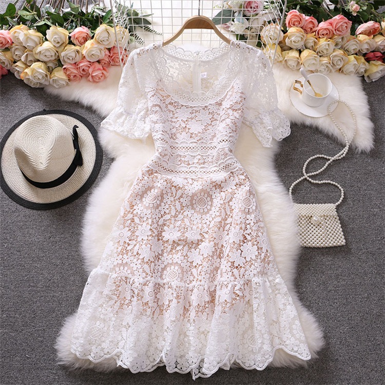 総レースワンピ 半袖 ラウンドネック ミディ丈 レディース 裾スカラップ フラワーモチーフ