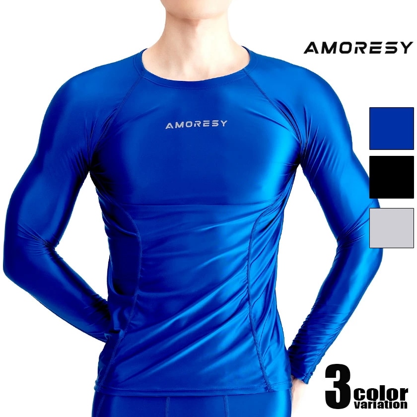 メンズトップス　AMORESY/アモレシー 光沢Tシャツ ピッチリ トップス ファッション　メンズ　ツヤツヤ　スベスベ　スポーツ　ジム 長袖
