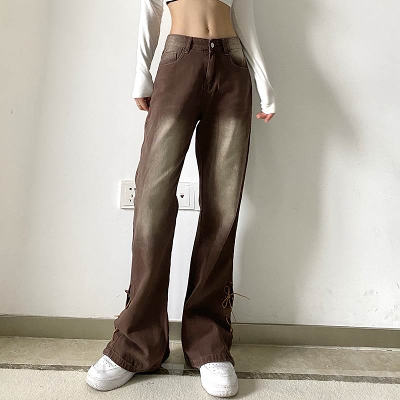 パンツ デニム レディース ズボン ロング丈 フレア ブーツカット 茶色 ブラウン ジーパン ジーンズ グラデーション レースアップ ヴィンテージ加工 エイジング加工 カッコイイ セクシー ハイウエス