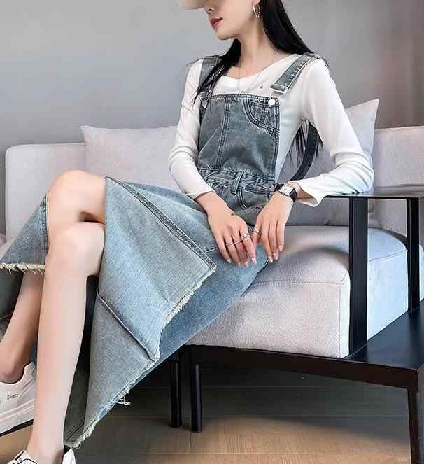 ジャンパースカート 大人 デニム レディース 春秋 ミモレ丈 ノースリーブ ワンピース ポケット スリット ハイウエスト ソフト レトロ かわいい カジュアル 6,359円