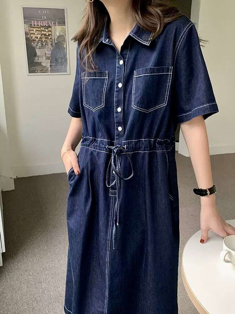 レディース ウエストギャザーリボン 半袖 デニムシャツ ワンピース ロング 大人可愛い ママコーデ ママファッション 韓国系 オルチャン 人気 トレンド 新作 30代 40代 きれいめ 20代