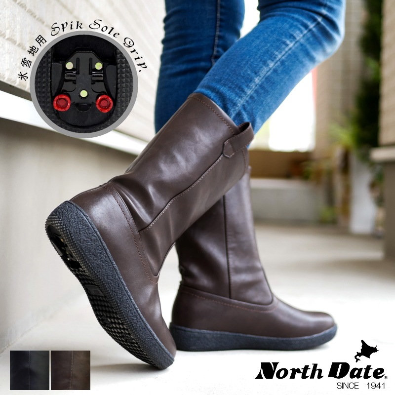 North Date スノーブーツ ミドル丈 レディース ペコス Wグリップスパイク 耐水 生活防水 蓄熱保温 抗菌 フラット 防滑 防寒 北海道 3e 冬 雪