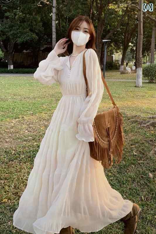 ワンピース ドレス レディース フェアリー フランス 初恋 白い プリンセス ドレス ウエスト 痩 身と プリーツ ホリデー ロング スカート 長袖 シフォン 秋