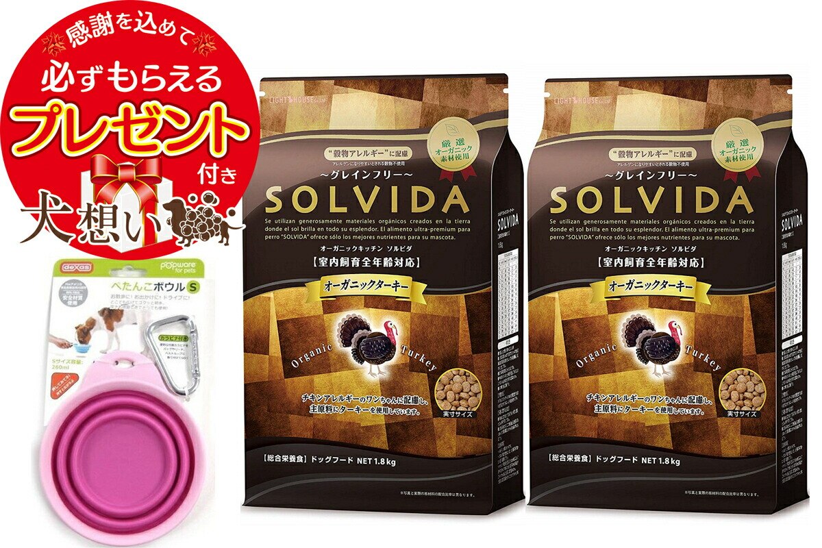 【プレゼント付】ソルビダ グレインフリー ターキー 全年齢対応 1.8kg 2個セット ぺたんこボウル ピンク Sサイズ付き