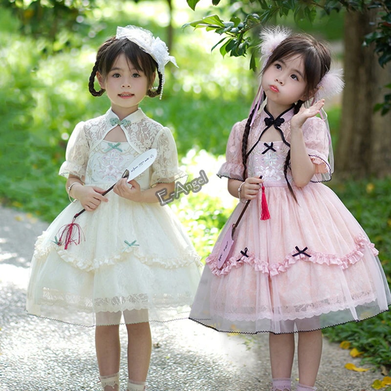 【快速出荷】キッズ ロリータ プリンセスドレス 生成り ピンク 可愛い 中華ロリータ 子供服 誕生日 ギフト 春夏 チャイナ風ワンピース レース ガールズ 女の子用 親子お揃い