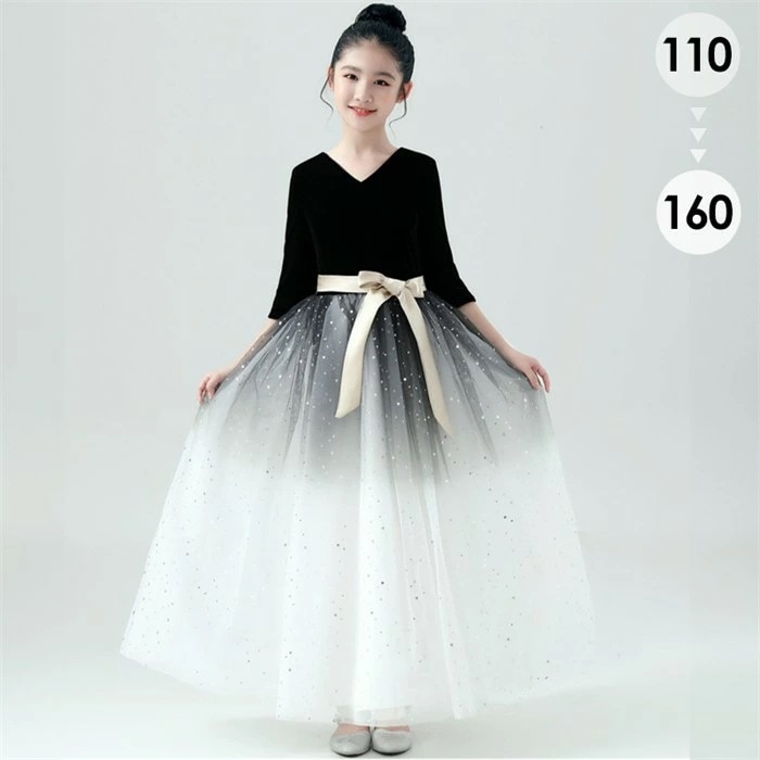 ピアノ発表会 ドレス 子供 女の子 ブラック 発表会ドレス 五分袖 子ども ワンピース お祝い日 演奏会 音楽会 フォーマル 誕生日 撮影 パーティー ジュニア キッズ ロングドレス ロング 可愛い