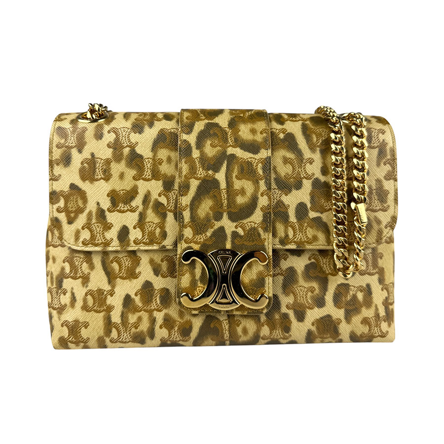 セリーヌ CELINE ショルダーバッグ レオパード レザー/メタル ベージュ/ブラウン/ゴールド レディース z4318