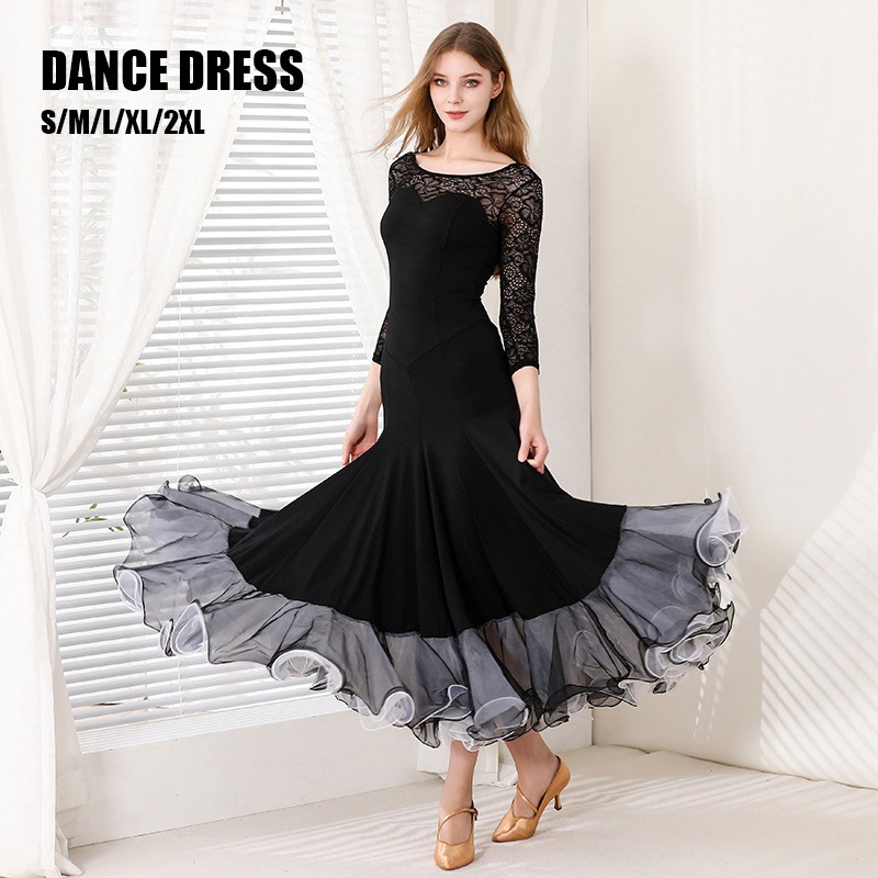 社交ダンス ダンス服 ダンスドレス ワルツ レス おしゃれ 豪華 大きい裾 ネイビー 長袖 舞踏会 ステージ 忘年会 イベント パーティ 発表会 祭り S M L XL 2XL