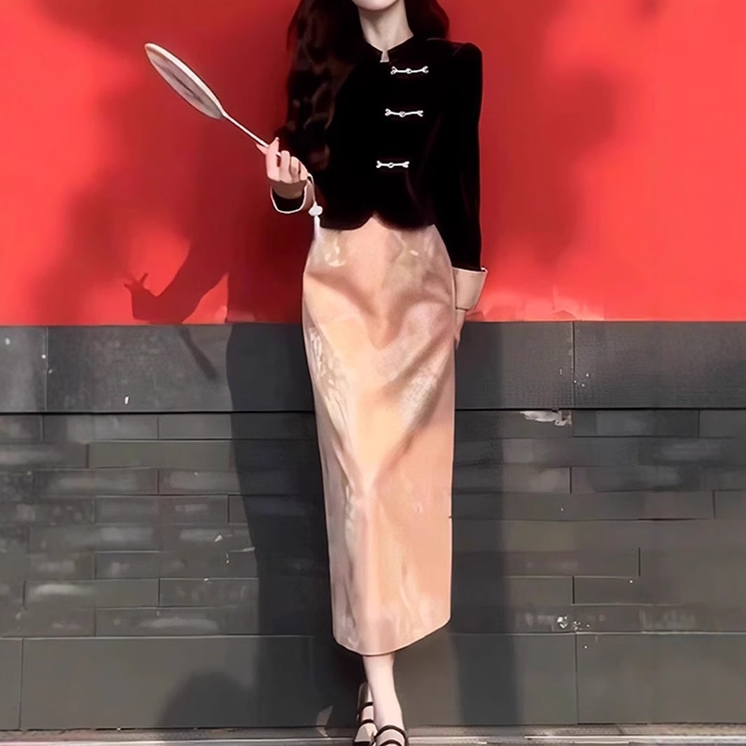 絵秋77新中国式斜めドア禁制上着＋半身スカート高級感優雅な雰囲気の半身スカートスーツ