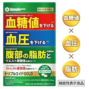 トリプルエイドGOLD 血糖値を下げる 血圧を下げる 内臓脂肪を減らす ストレス緩和 疲労感緩和 【機能性表示食品】 GABA サプリHMPA 30日分 日本製 田七人参 サラシア イヌリン