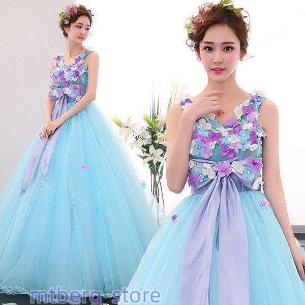 ドレスウェ可愛い花ウエドレスパイン舞台衣装エレV襟露背可愛い姫系 h2086