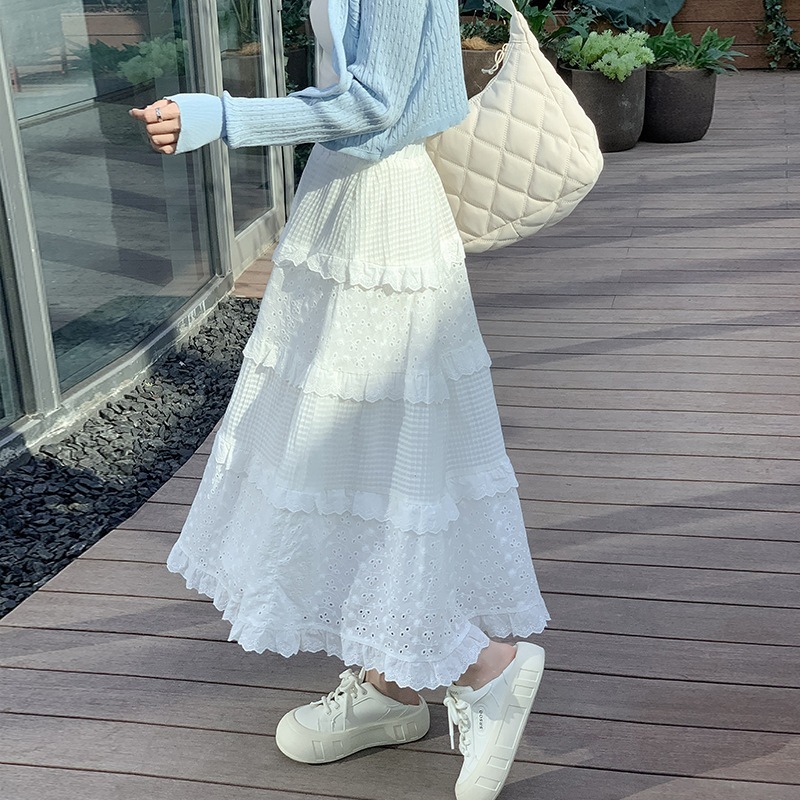 【1つ買うと10つ無料】ホワイトケーキスカート2025春と夏のハイウエストスリム3次元フックフラワーホロースプレッチルーズ ラインスカート