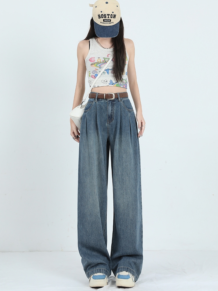 ワイドレッグジーンズ女性夏薄いハイウエストドレープ脂肪ミリメートル薄い小さな百緩い梨体ドラッグズボン