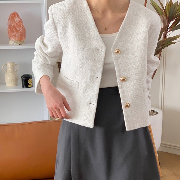 韓国ファッション Vネックノーカラー 金メッキ ハーフクロップ ツイードジャケット