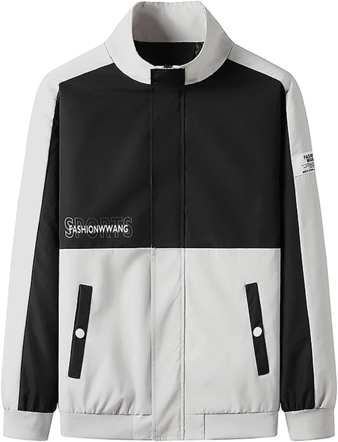 男性 長袖 パーカー トレーナー 立ち襟 切り替え バイカラー ジップアップ 英字柄 オーバーサイズ トレンド 軽量 通気性 体型パカー トップス 防風防寒 肌触りがいい 柔らかい カジュアル シンプ