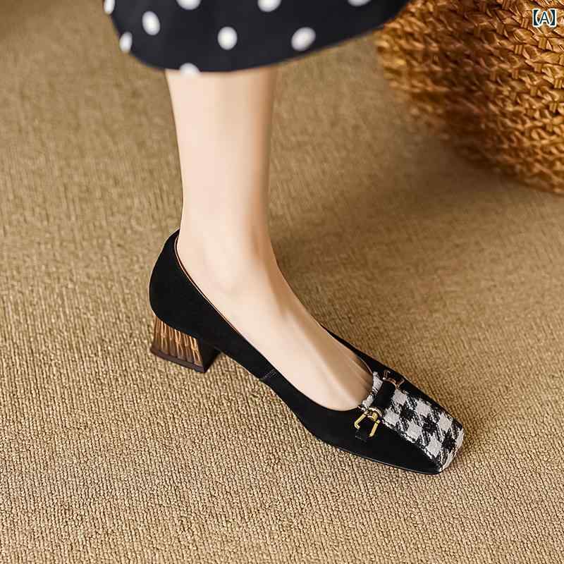 ローファー レディース オフィス 通勤 仕事 フレンチスタイル 厚手 ヒール 浅い口 シングル シューズ 女性 春秋 スタイル レトロ スクエアトゥ 千鳥格子 ミディアム ヒール ヌバックレザー