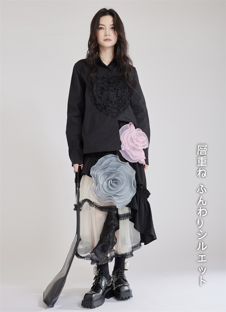 INSスタイル ヨーロピアンテイスト グラデーションカラー ビンテージ風 オーガンジー刺繍ロングスカート 不規則レイヤードデザイン バラモチーフ ハイウエスト ふんわりシルエット レディース 2025