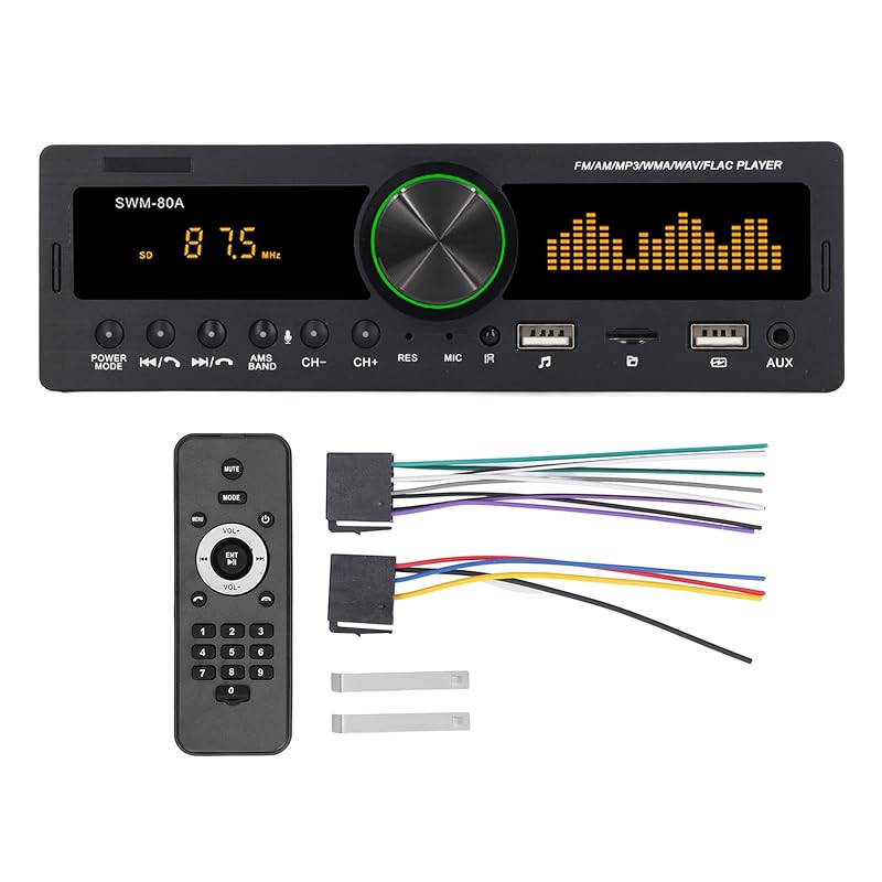 マルチメディアカーステレオカラフルなライト付きMP3カープレーヤーBluetooth 5.0 AUX入力カーオーディオレシーバーFM AMラジオUSBストレージカード再生リモコン付き (80