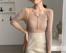 💚夏秋コーデにオススメ💚韓国ファッション 大人気 おしゃれな 新品 気質 トレンド 秋冬物 単体ボタン Vネック スリムフィット 長袖 セーター ニットトップス