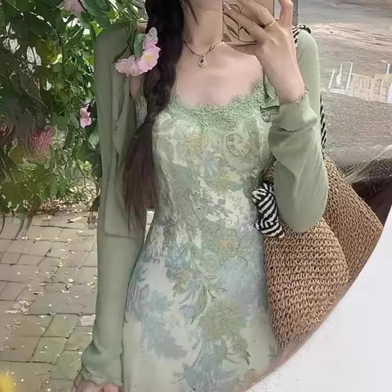 ヘビロテ！キャミワンピース新作レトロジャガードワンピースレディース夏カーディガンホルターワンピース2点セット