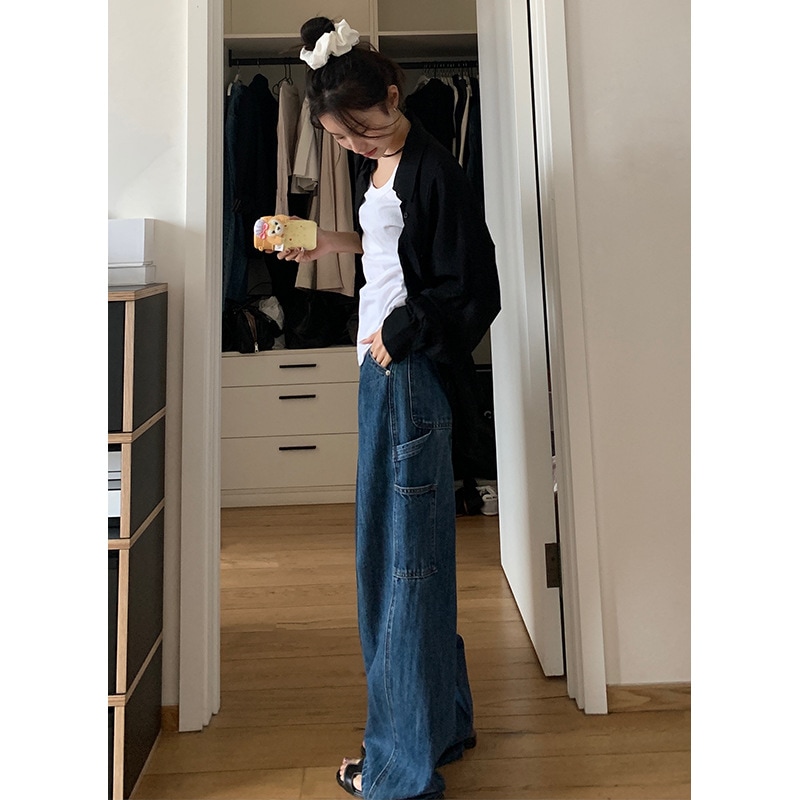 Nantao レトロウォッシュダメージワークウェアジーンズ女性用 2024 春ルーズスリミングハイウエストワイドレッグフロアレングスパンツ