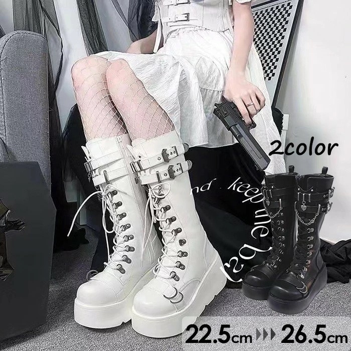 厚底ブーツ レディース 編上げ レースアップ ハイブーツ パンク ロリータ風 lolita パンプス 大きいサイズ お嬢様 日常 美脚 文化祭 学園祭 エベント ハロウィンコスチューム ホワイト ブ