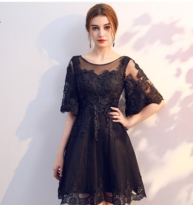 1919.レースフレアスリーブドレス（ブラック）2019 春夏 sale ワンピース ショート シースルー 花柄 Uネック 七分丈 エレガント お呼ばれ パーティー 結婚式 披露宴 女子会 レストラン