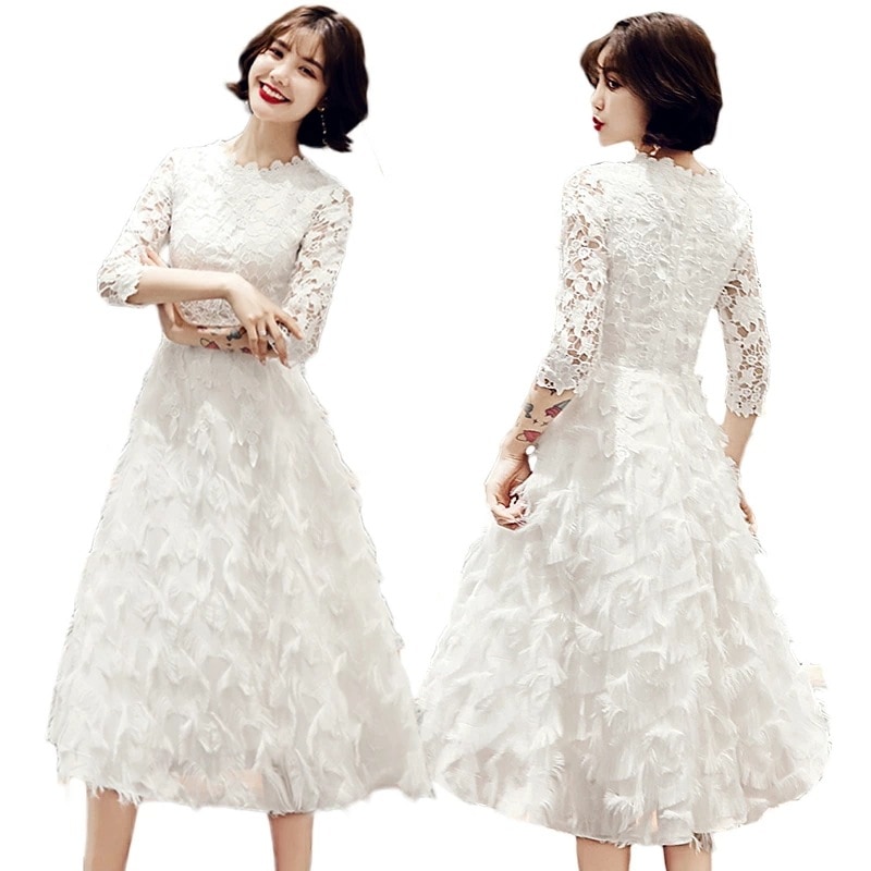 再入荷品白ワンピース　綺麗なレースの7分袖ドレス　ミモレワンピース　パーティドレス ワンピース パーティードレス 結婚式 披露宴 謝恩会 発表会 演奏会 フォーマル 大きい 総レース　羽　夏ワンピ 4,795円