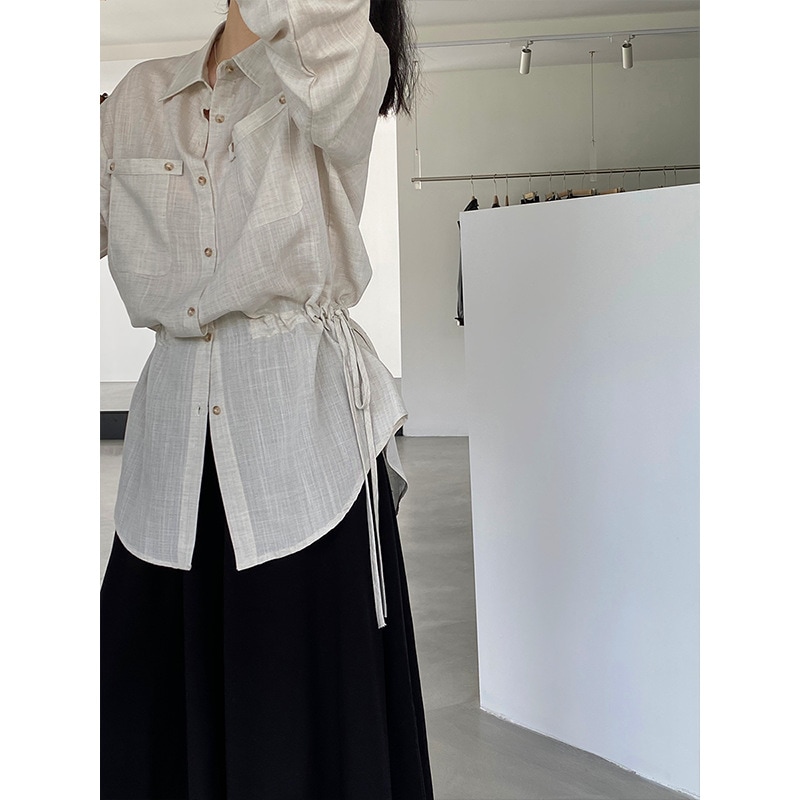 テンセルリネン高級感シャツ女性用秋用ドローストリング付き長袖ゆったりとしたシャツトップス 1
