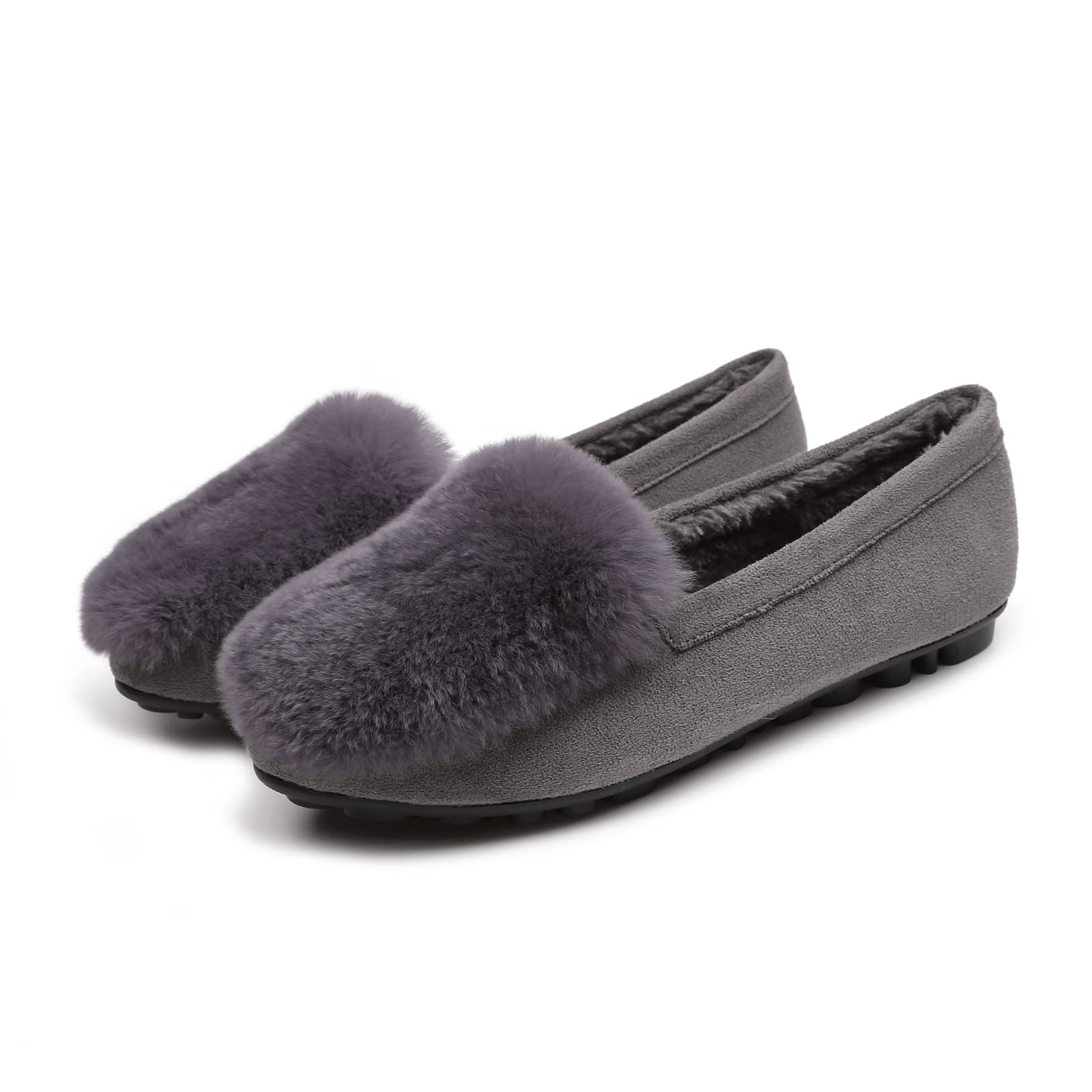 [XINGYUAN] パンプス モカシン ラウンドトゥ 裏起毛 ローファー ファー スリッポン フラット スリッパ スエード レディース スリッポン シューズ 暖かい 冬 大きい 滑り止め 気持ちいい