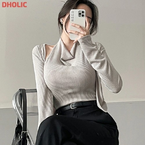 [メガ割りSALE]ストレッチリブ長袖ホルターネックスリットスリムニットカーディガン