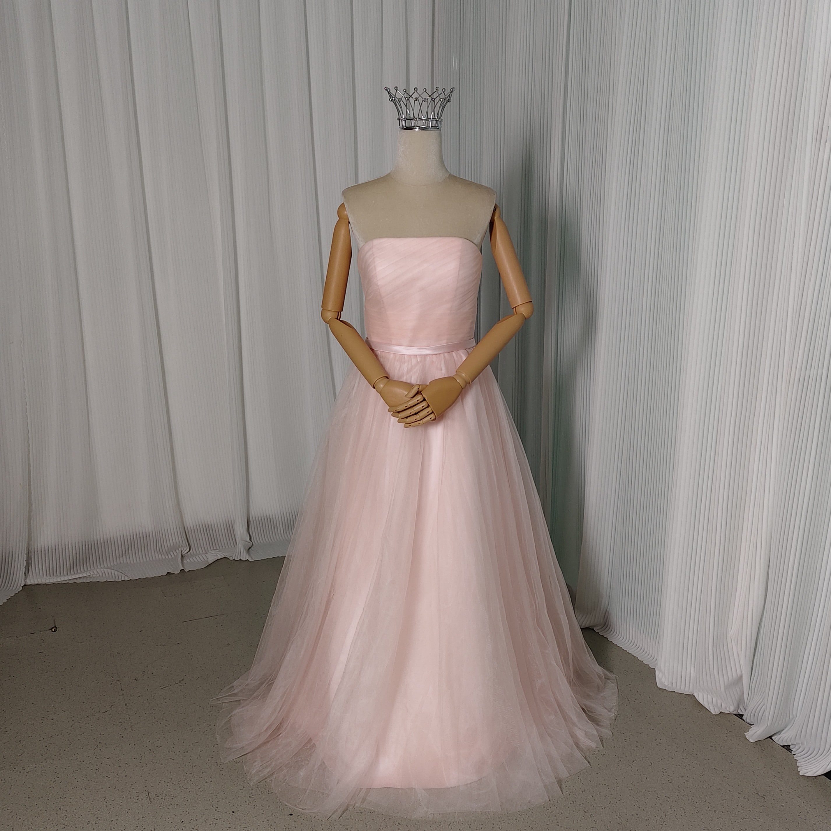 カラードレス ピンク ベアトップ 編み上げ ファスナー ロング ソフトチュール 可愛い 花嫁 前撮り