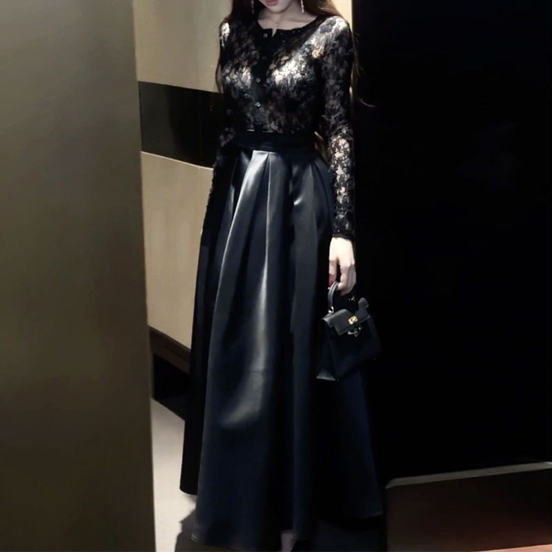 プラスサイズの女性用アメリカンスタイルの純粋で魅力的なツーピースセット春と秋用レースの長袖フィットトップとハイウエストスカートが特徴です