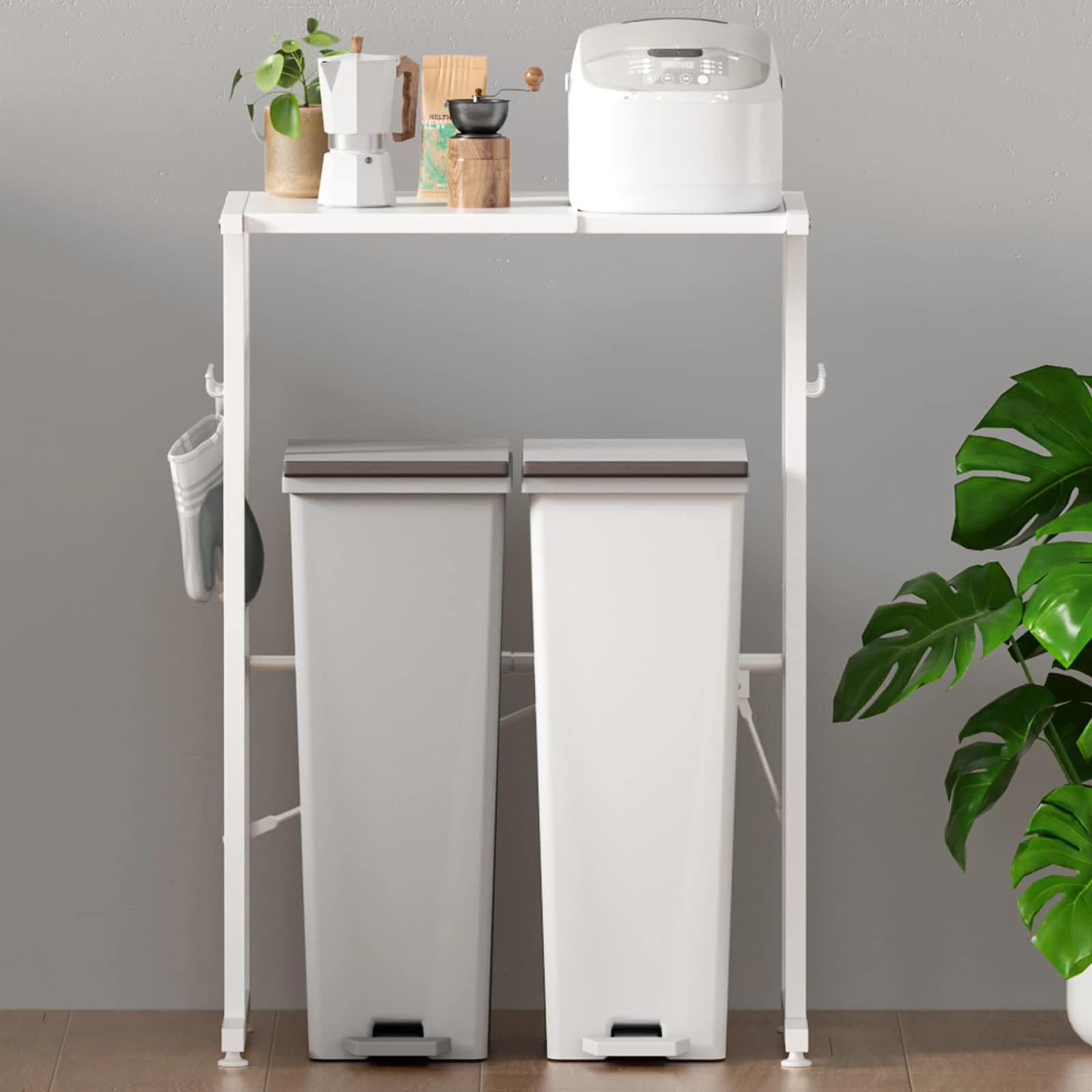 ゴミ箱上ラック レンジラック 幅40-60×奥行46×高さ86.5cm 耐荷重40Kg キッチンラック 作業台 スチール 伸縮式 レンジ台 冷蔵庫上収納 レンジ下収納 フック8個付 (White)