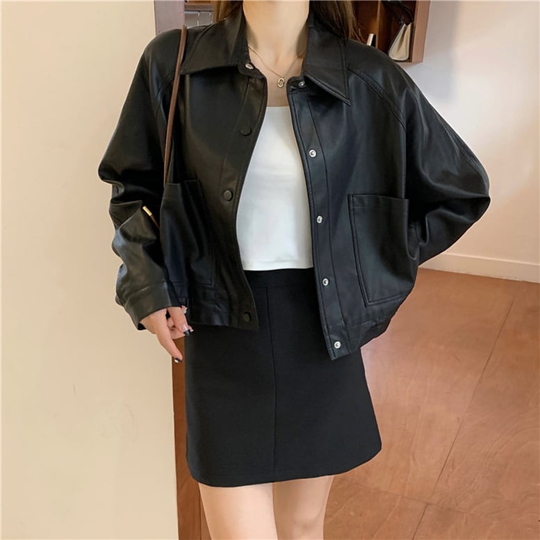 2color レディース フェイクレザージャケット アウター 襟付き ラグランスリーブ 長袖
