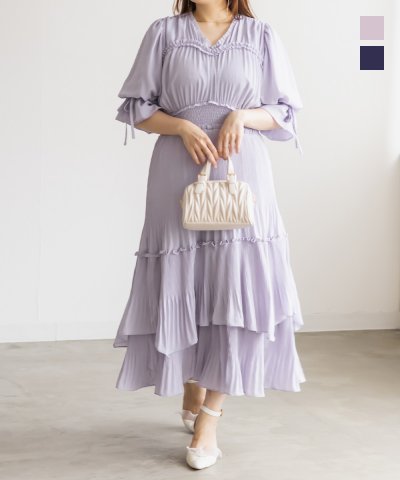 大きいサイズ レディース LL 3L 4L XL XXL XXXL CLETTEオリジナルフリル使いプリーツワンピース