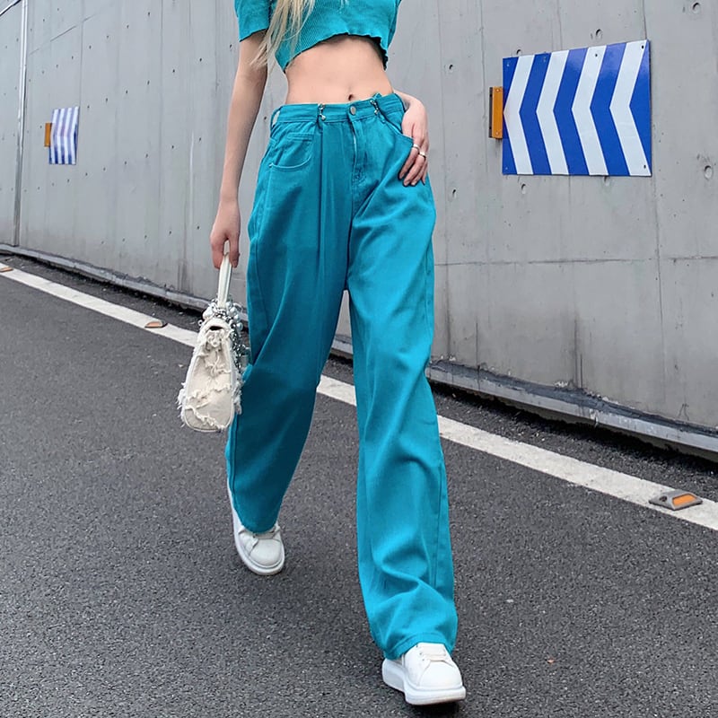 3色 パンツ デニム レディース l ロング丈 青 白 無地 ワイド ストレート ジーパン ジーンズ フレア メタル金具 モード 個性的 ターコイズ レトロ カジュアル ラフ カッコイイ セクシー