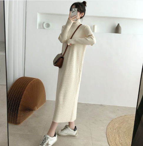 スカート ワンピース ロングスカート ニットスカート ミモレ丈 ロング丈 長袖 萌袖 ハイネック タートルネック 細身 ストレート Aライン ニット かわいい 大人可愛い きれいめ シンプル