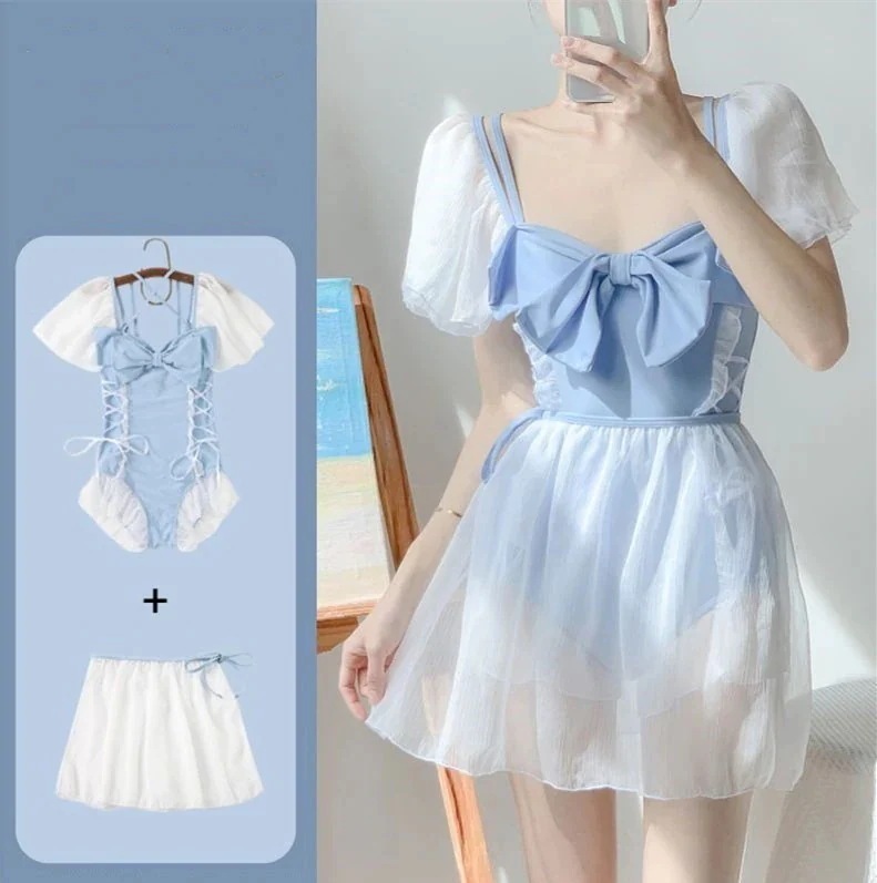 ギャル 【10点セット】日系 ファッション ぶつかって色 リボン 水着 かわいい ブルー 甘い 少女 やさしい 水着2062 清新