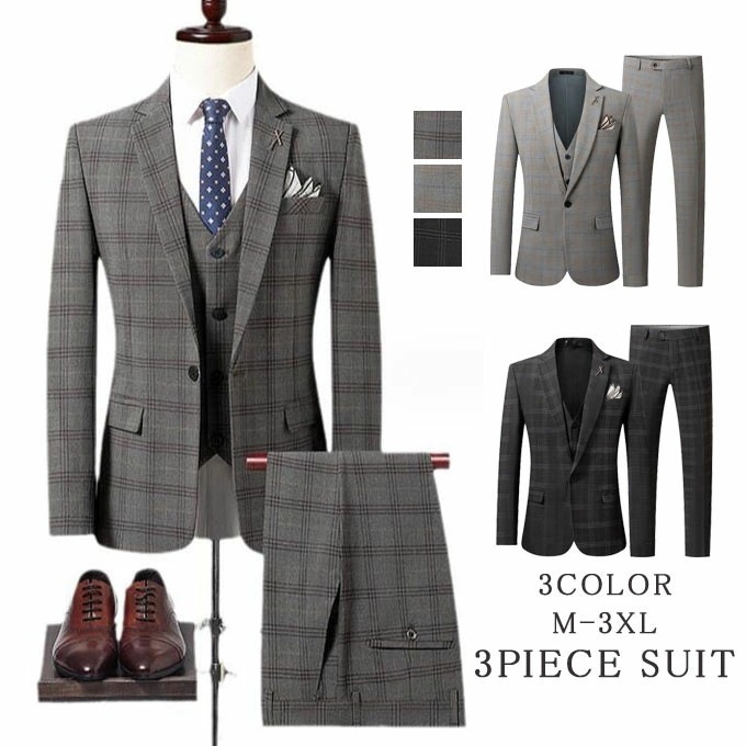 スーツ メンズ おしゃれ スーツセットアップ 3ピーススーツ ビジネススーツ チェック柄 スリム カジュアルスーツ フォーマルスーツ 洗える 紳士服 通勤 結婚式