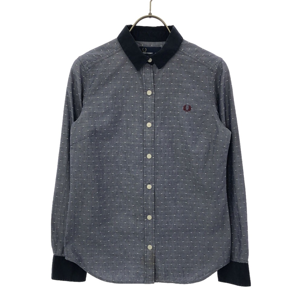 ドット柄 長袖 クレリック シャツ S ネイビー系 レディース