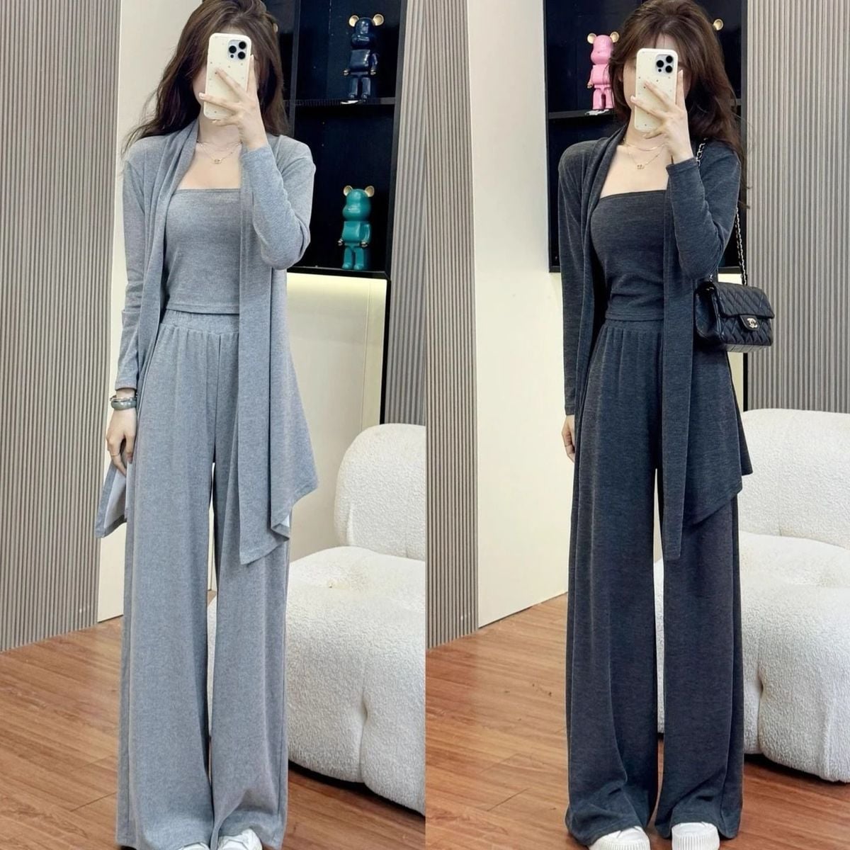 になると婦人服の減齢カーディガンを着て胸を拭くワイドパンツの3つの怠け者風韓国版カジュアルスーツ