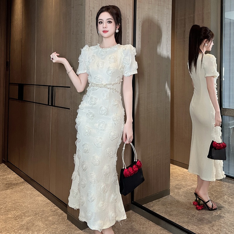 夏 ドレス 新作 人気 ラウンドネック ウエスト引き締め パーティードレス レディース