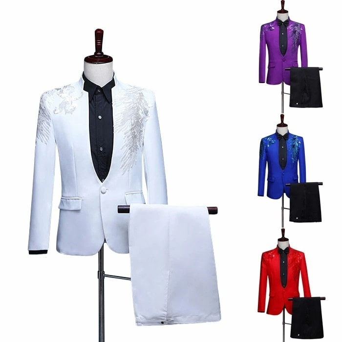 メンズスーツ ステージ衣装 ジャケット スパンコール パンツ 全4色 スーツセット 礼服 紳士用 結婚式 歌手 司会者 発表会 イベント 舞台衣装 団体服 合唱団 宴会 コンサート ダンス衣装 忘年会